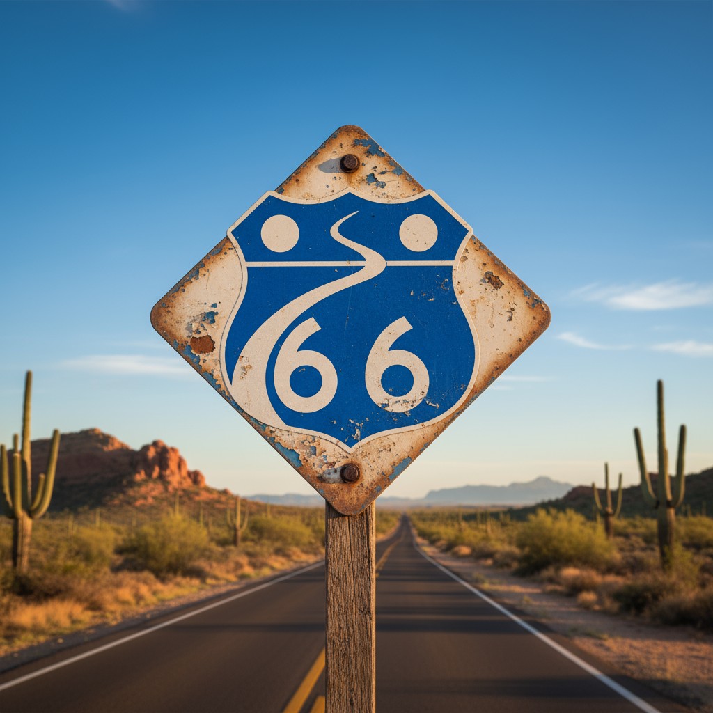 A faded blue and white sign showing the '66' route superimposed over an image of a long desert highway lined with cacti.